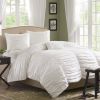 King size 4 Piece Comforter Set in Rouched White Cotton & Microsuede