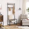 Modern Industrial Black Grey Entryway Coat Rack Shoe Bench with 2 Shelves