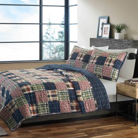 Full / Queen Farmhouse Red Navy Plaid 100-Percent Cotton Reversible Quilt Set