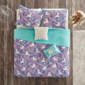 Twin/Twin XL 100% Cotton Kids Teal Purple Unicorn Quilt Coverlet Bedspread Set