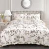 Full/Queen 3 Piece White Yellow Grey Reversible Floral Birds Cotton Quilt Set