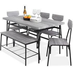 Modern 6-Piece Dining Set with Grey Wood Top Table 4 Chairs and Storage Bench