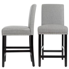 Set of 2 Modern Kitchen Dining Barstools w/ Black Wood Legs and Grey Linen Seat