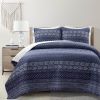 King size Scandinavian Chevron Navy Blue White Reversible Cotton Quilt Set