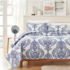 King Size Soft Microfiber Reversible Blue/White Baroque Floral Design Quilt Set