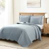 King/Cal King White Blue Scalloped Edge Reversible Thin Light Quilt Set