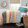 King size Cotton 3 Piece Reversible Teal Orange Bohemian Stripe Quilt Set