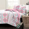 Twin Southwest Indian Style Polyester Pink Blue Striped Reversible Quilt Set