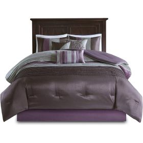 Queen Size 7 Piece Bed In A Bag Comforter Set Faux Silk Purple Gray Stripes