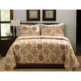 Full / Queen Retro Moon Shaped Floral Medallion Reversible 3 Piece Quilt Set