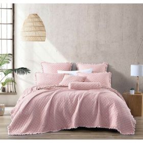 Twin Pink Farmhouse Microfiber Diamond Quilted Bedspread Set with Frayed Edges