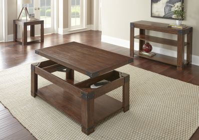 Simple Industrial Occasional Collection - Hardwood Solids, Mango Veneers, Medium Cherry Finish - Bottom Shelf, Metal Bracket Accents