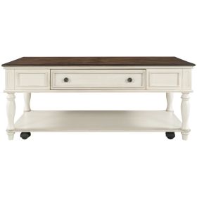 ON-TREND Two-tone Retro Cocktail Table Coffee Table Easy Assembly Movable with Caster Wheels for Livingroom (Antique White)