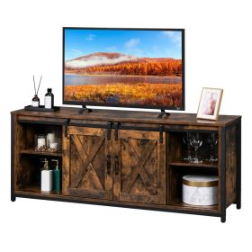 FCH 3-layer Double Barn Door with Sliding Rail X-shaped Panel TV Cabinet MDF with Triamine Retro Brown