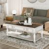 ON-TREND Two-tone Retro Cocktail Table Coffee Table Easy Assembly Movable with Caster Wheels for Livingroom (Antique White)