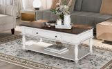 ON-TREND Two-tone Retro Cocktail Table Coffee Table Easy Assembly Movable with Caster Wheels for Livingroom (Antique White)