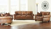 Rustic Styled Leather Sofa - Premium Construction, Top-Grain Leather - Eight-Way Hand-Tied Springs, Nail-Head Trim, Contrasting Pillows