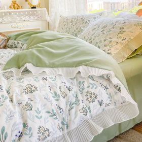 Washed Cotton Small Floral Quilt Cover, Four Piece Bed Sheet Set (Option: Spring-1.8m fitted sheet 4pcs set)