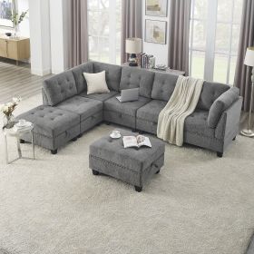 L shape Modular Sectional Sofa; DIY Combination; includes Three Single Chair ; Two Corner and Two Ottoman (Color: Grey)