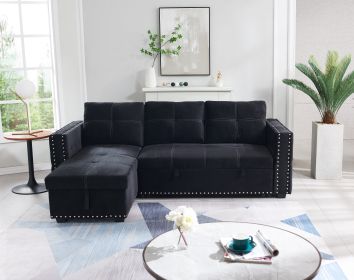 Sectional sofa with pulled out bed;  2 seats sofa and reversible chaise with storage;  both hands with copper nail (Color: Black)