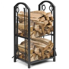 Fireplace Log Rack with 4 Pieces Fireplace Tools (Color: Black)