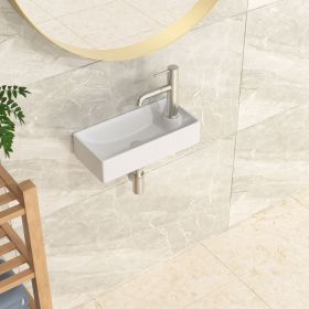 Wall Mount Single Bowl Rectangular Ceramic Bathroom Sink, White Wall Hung Porcelain Vessel Sink, Floating Lavatory Vanity Basin with Faucet Hole (size: 17-5/16 inch)